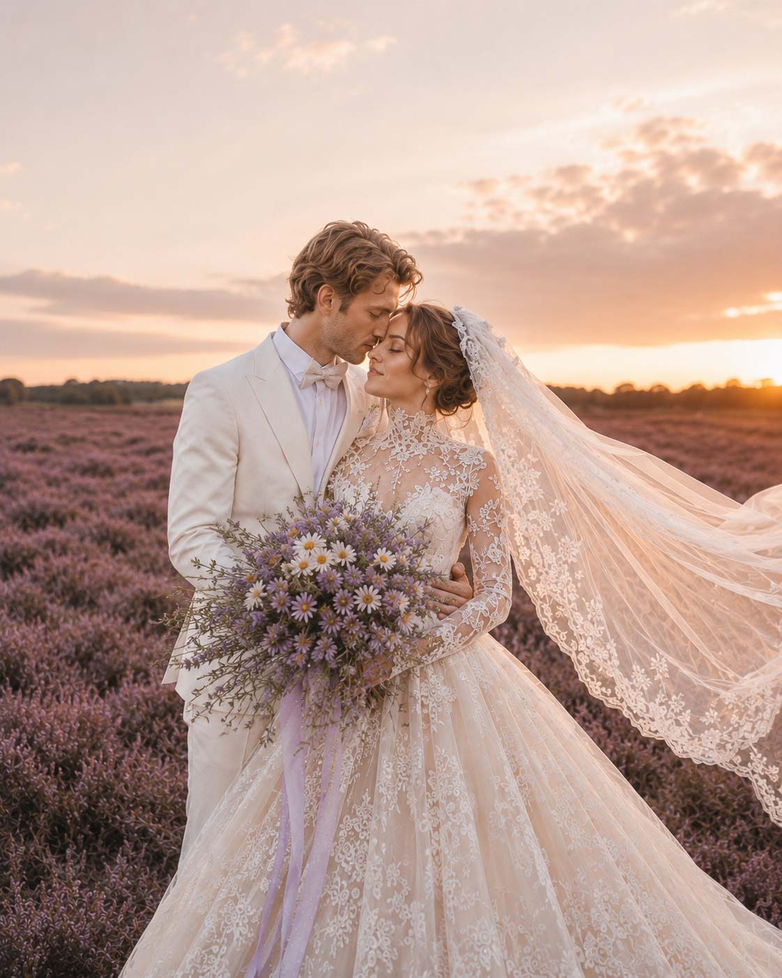 Conceptbeeld van een editorial trouwfotografieserie op de heide